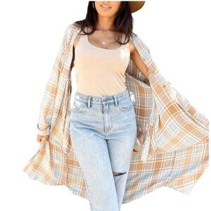 Show Me Your Mumu Plaid Button Front Shirt Dress Pastel Blue Tan Size Small